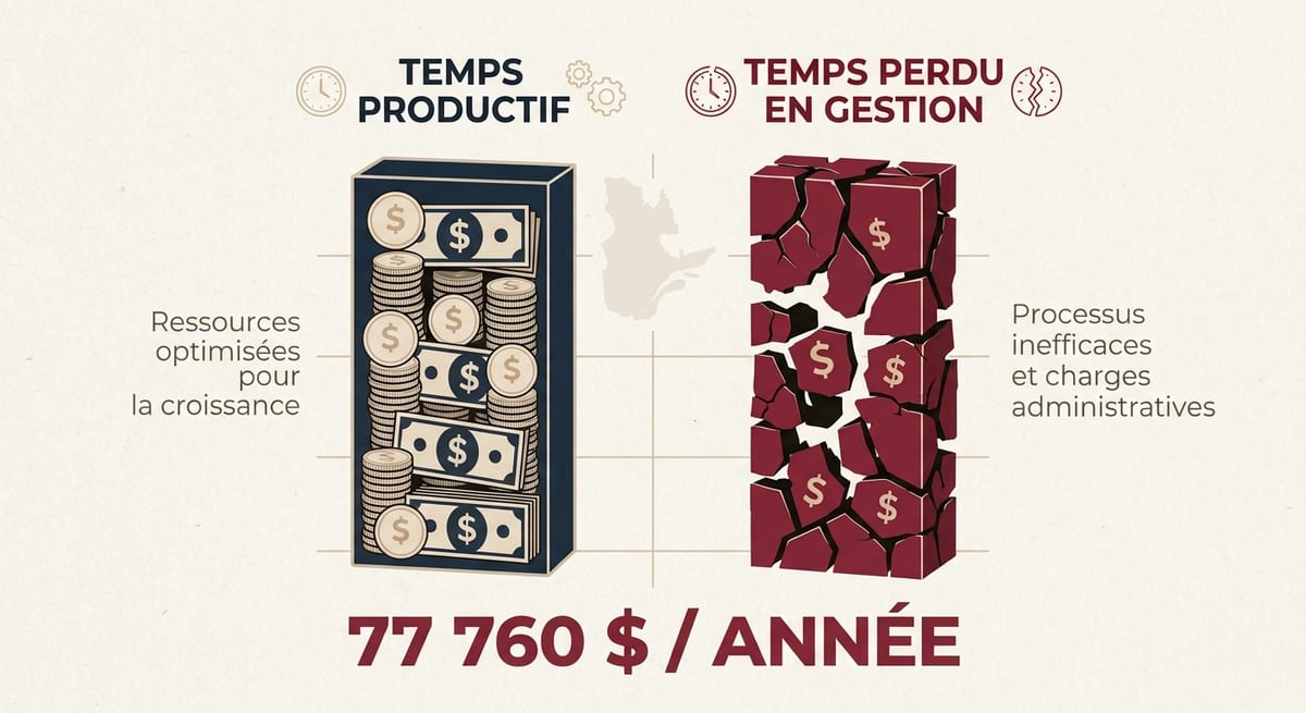 Comparaison : à gauche, le temps productif, des ressources optimisées pour la croissance; à droite, le temps perdu en gestion, des processus inefficaces et des charges administratives. Total : 77 760 $ par année.