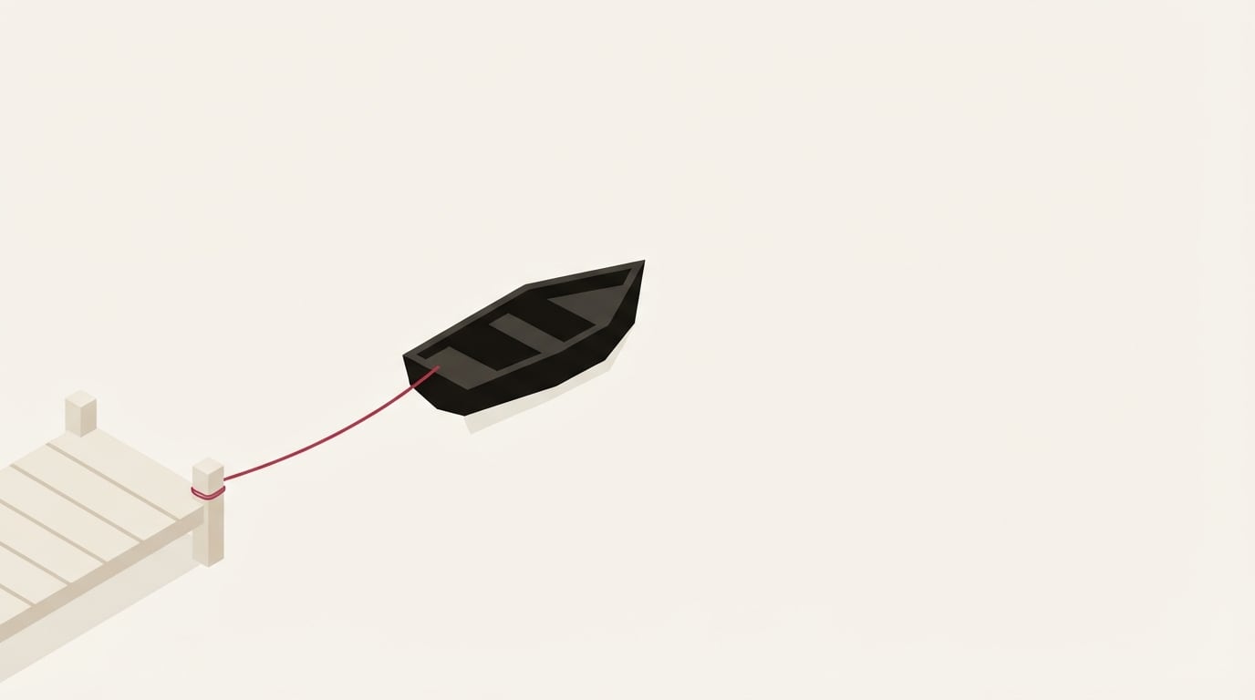 Une barque vide qui s'éloigne d'un quai, retenue seulement par une corde rouge tendue : image de la dérive du périmètre d'un projet.