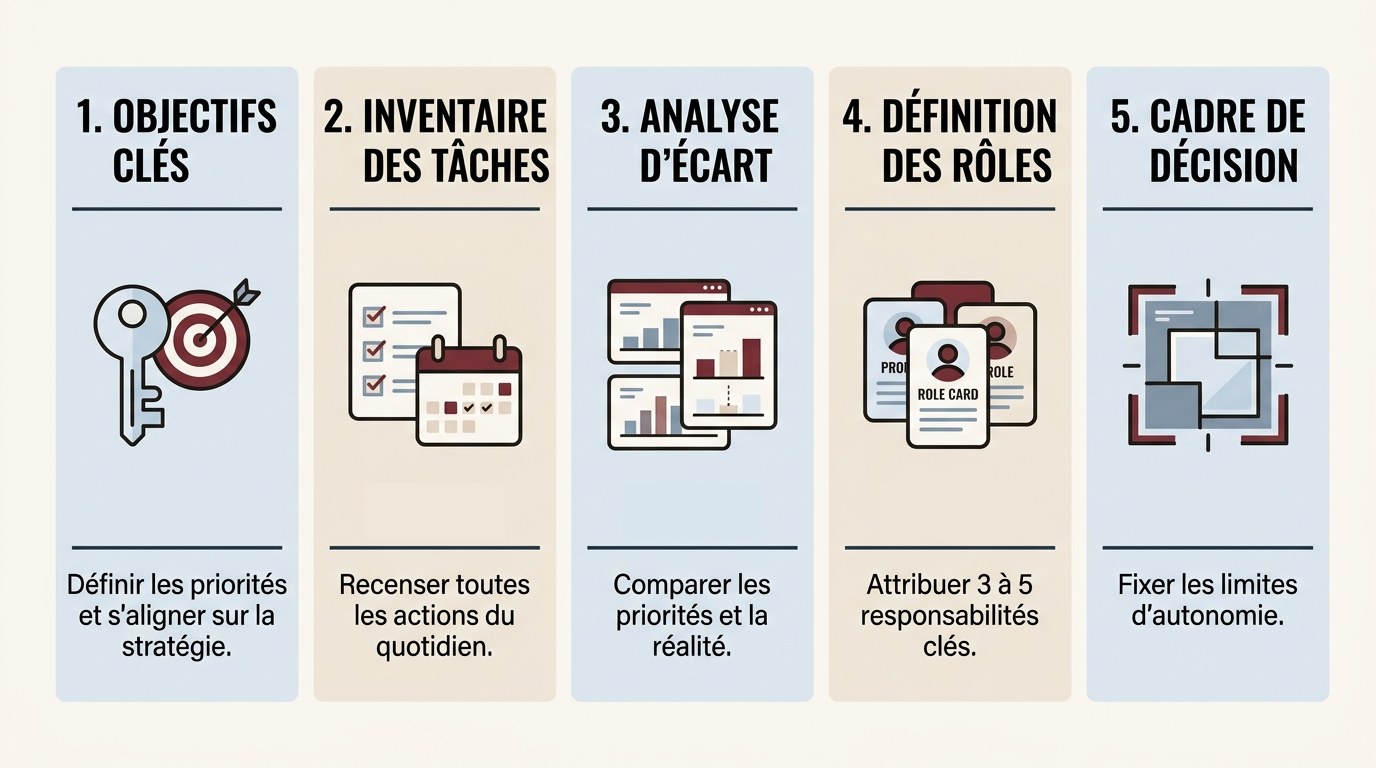 Les 5 étapes de l'exercice : priorités du dirigeant, tâches réelles de l'équipe, comparatif, 3 à 5 responsabilités clés par personne et limites d'autonomie de décision.