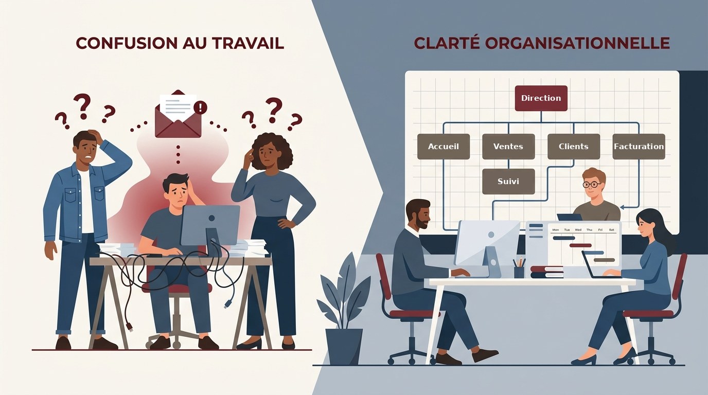 À gauche, la confusion au travail : trois personnes perdues devant un courriel sans responsable. À droite, la clarté organisationnelle : un organigramme où chaque personne connaît son rôle.